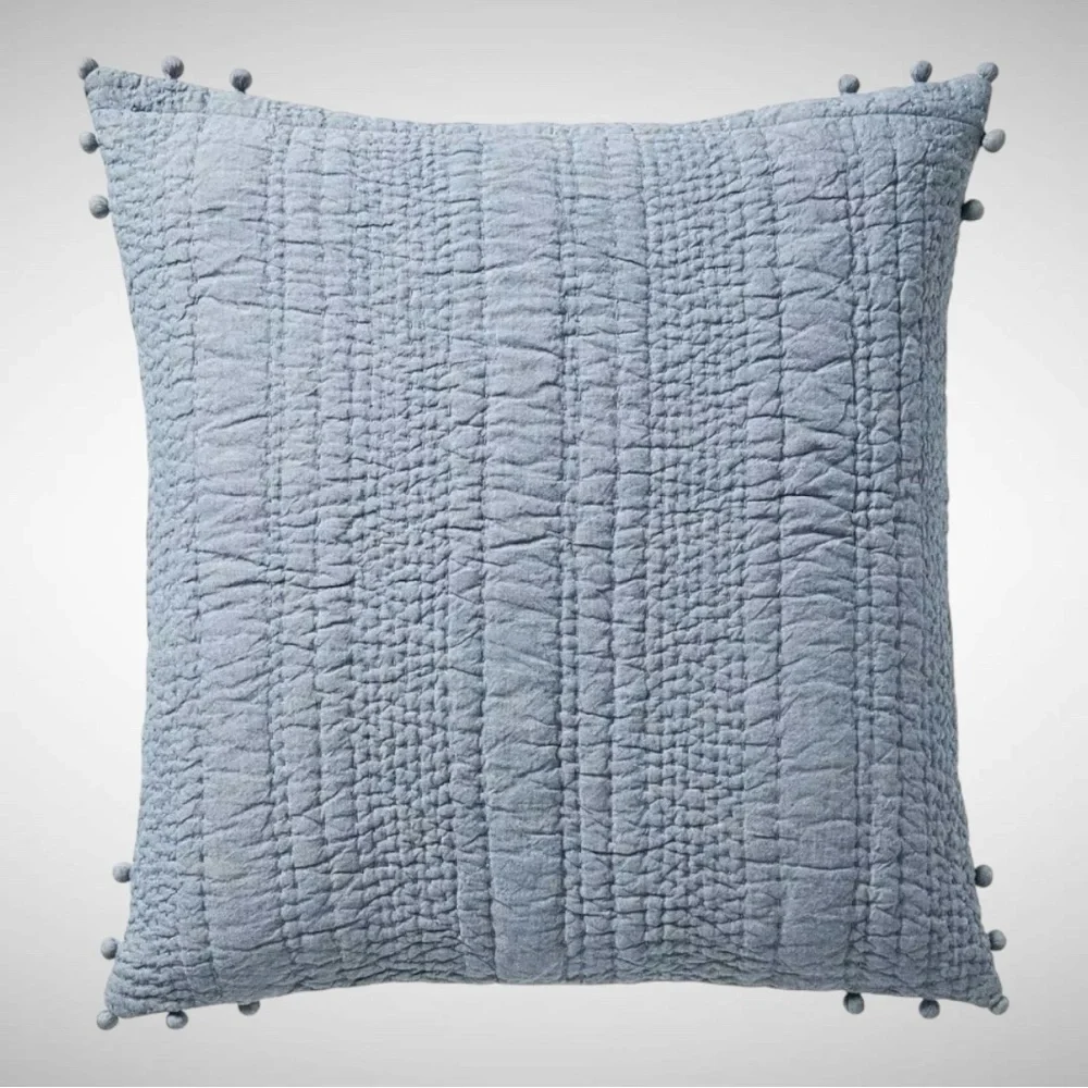 Serena & Lily Sham Ryebrook Dusty Blue White Pom Pom Euro Square